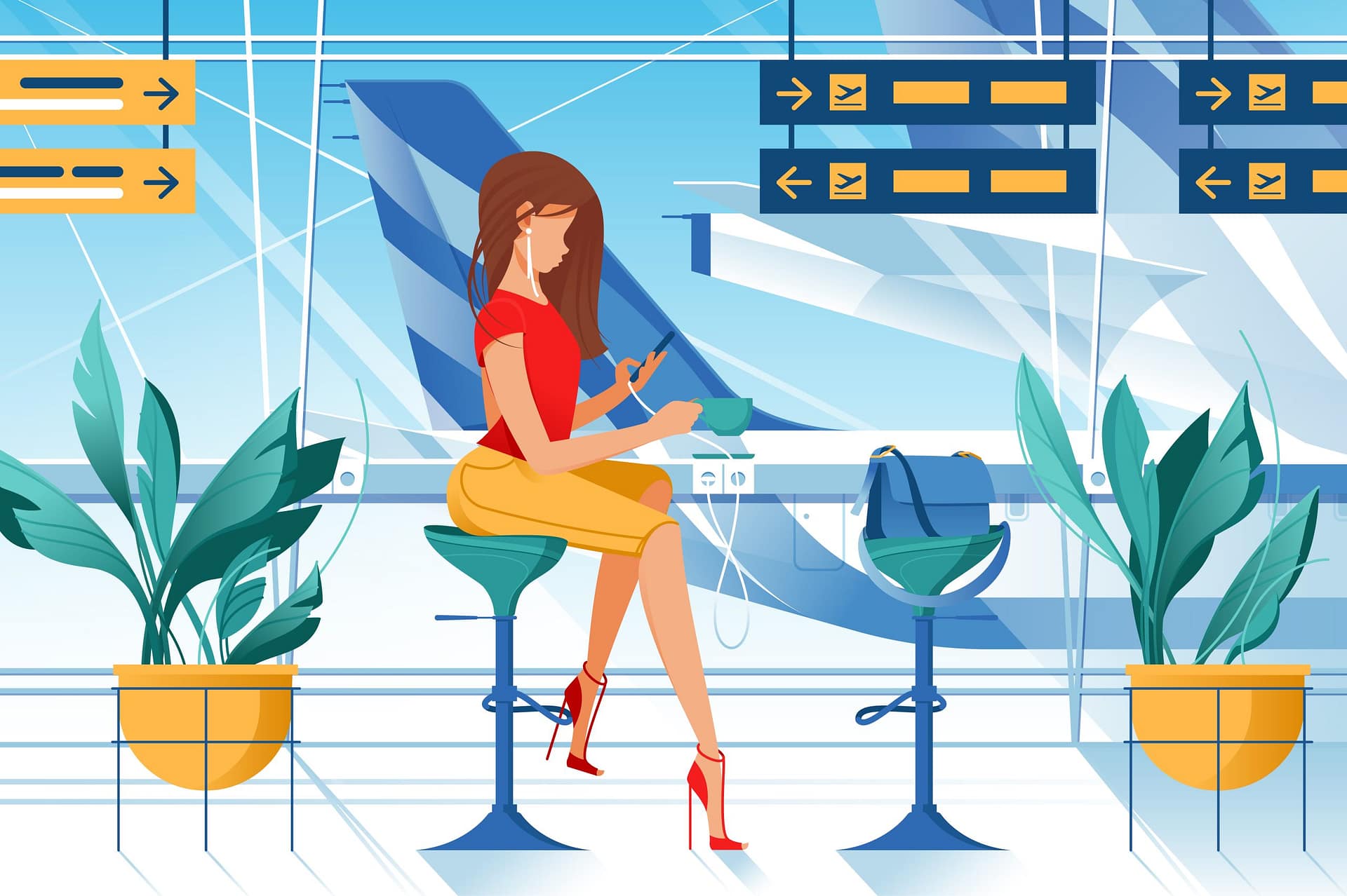 TCS-Jennifer-6 Flat young woman with headphone, cup of tea and bag on airport.