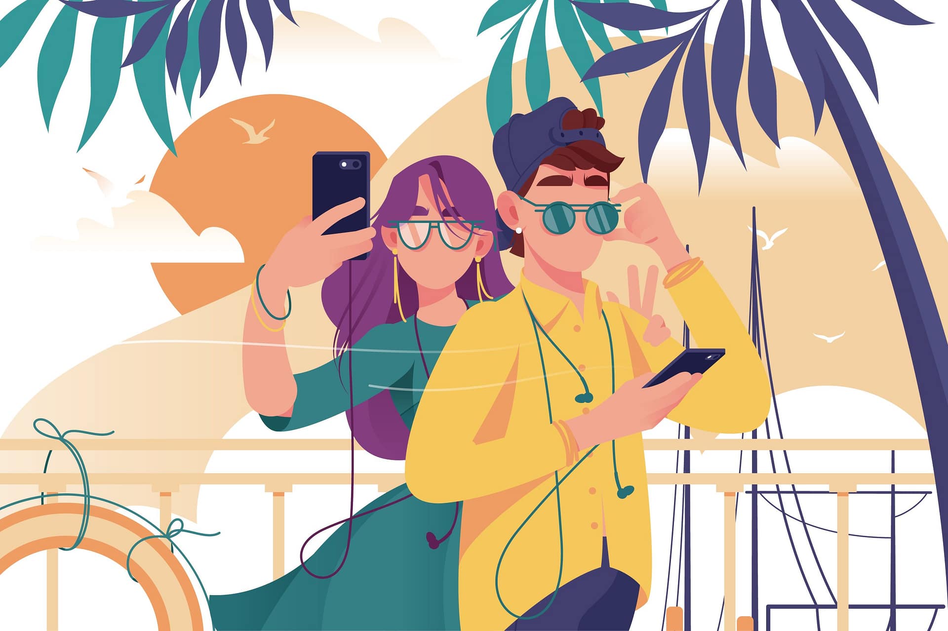Young man and woman couple with mobile phone, glasses and summer clothes makes photo.