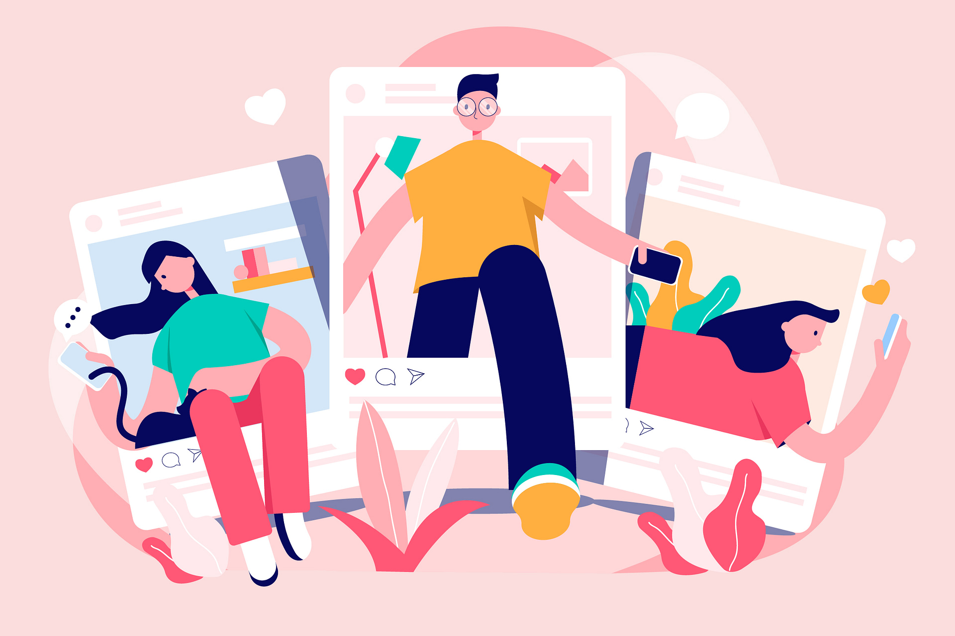 Trio of people posting on social media