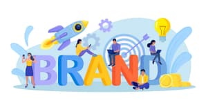 New brand. Marketing specialists creating trademark. Corporate identity, company personality development. Branding campaign, marketing strategy. Business project, start up launch Reputation management