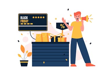Cartoon man promoting Black Friday sale