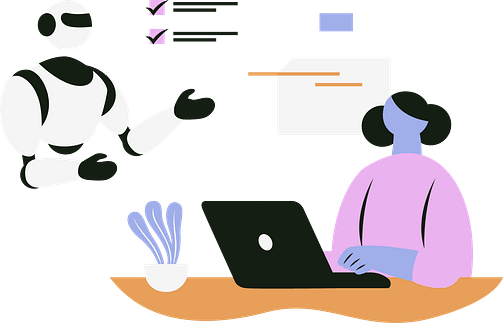 Person writing, robot assists